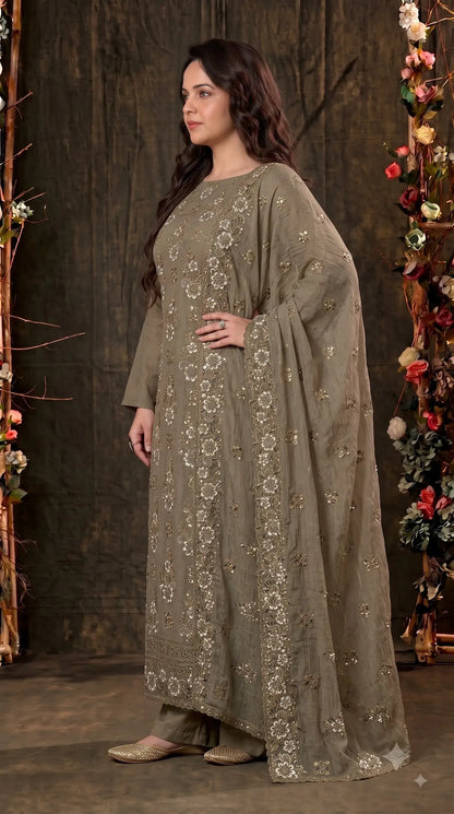 Premium Designer Olive Taupe Soft Crush Tissue Suit with Floral Embroidery, Pearl & Sequin Work