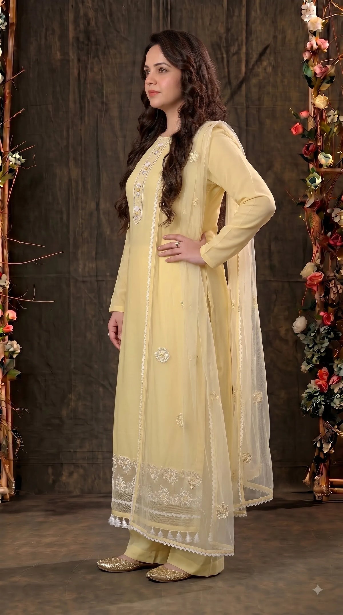 Premium Designer Soft Yellow Super Soft Cotton Suit with Elegant Floral Detailing