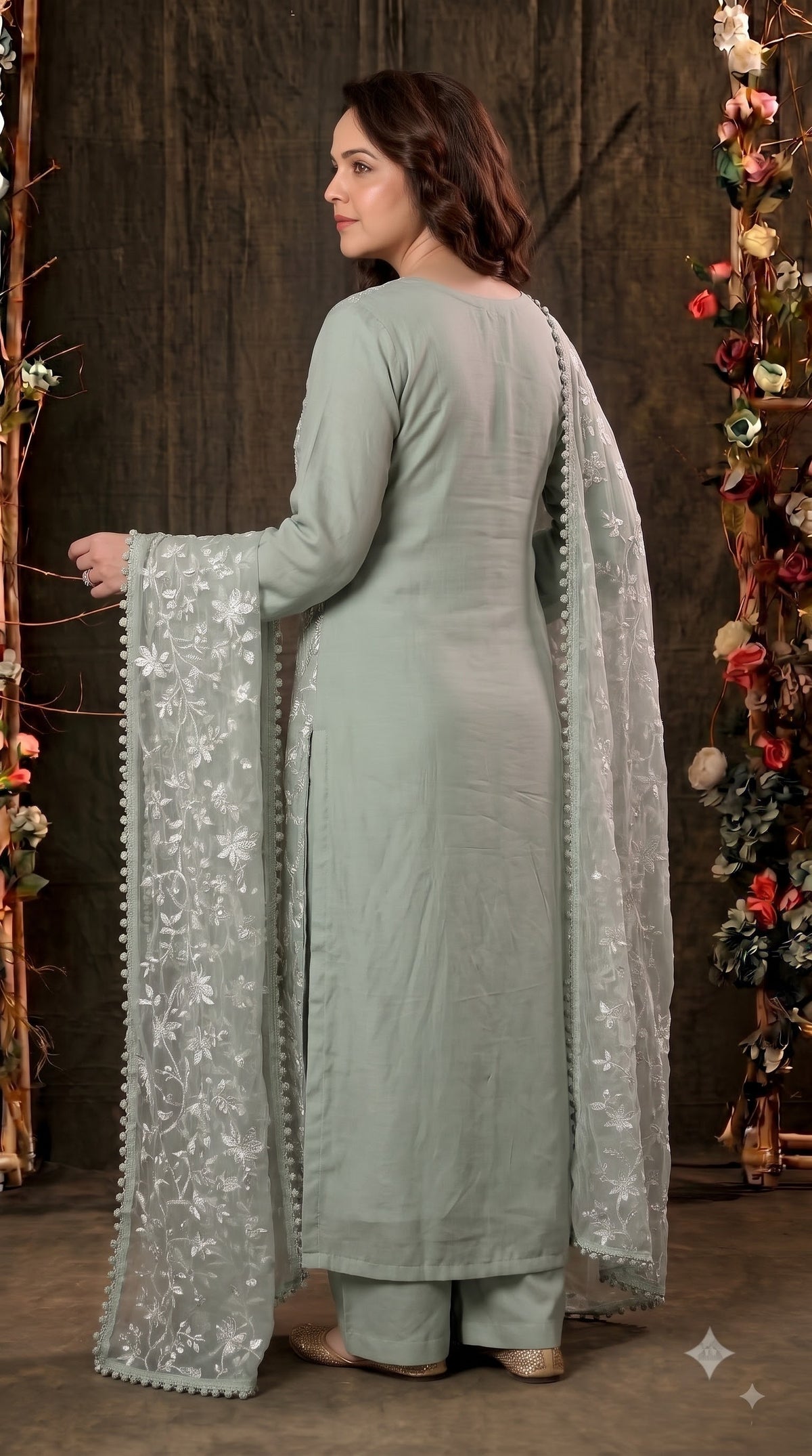 Premium Designer Soft Sage Green Soft Chiffon Suit with Elegant Applique Floral Work & Graceful