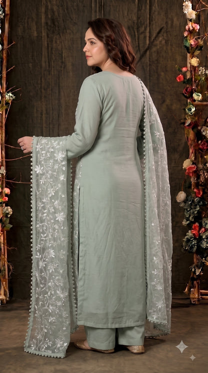 Premium Designer Soft Sage Green Soft Chiffon Suit with Elegant Applique Floral Work & Graceful