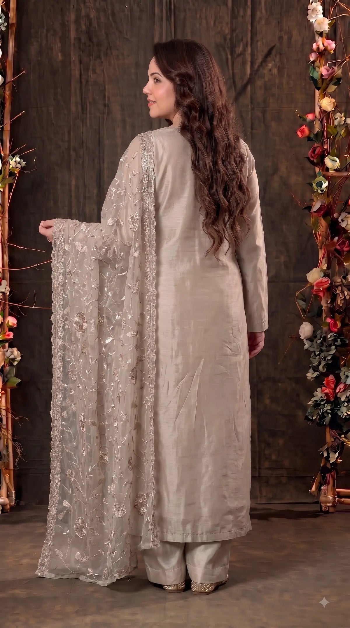 Premium Designer Ivory Taneria Suit with Silver Floral Embroidery & Embroidered Dupatta