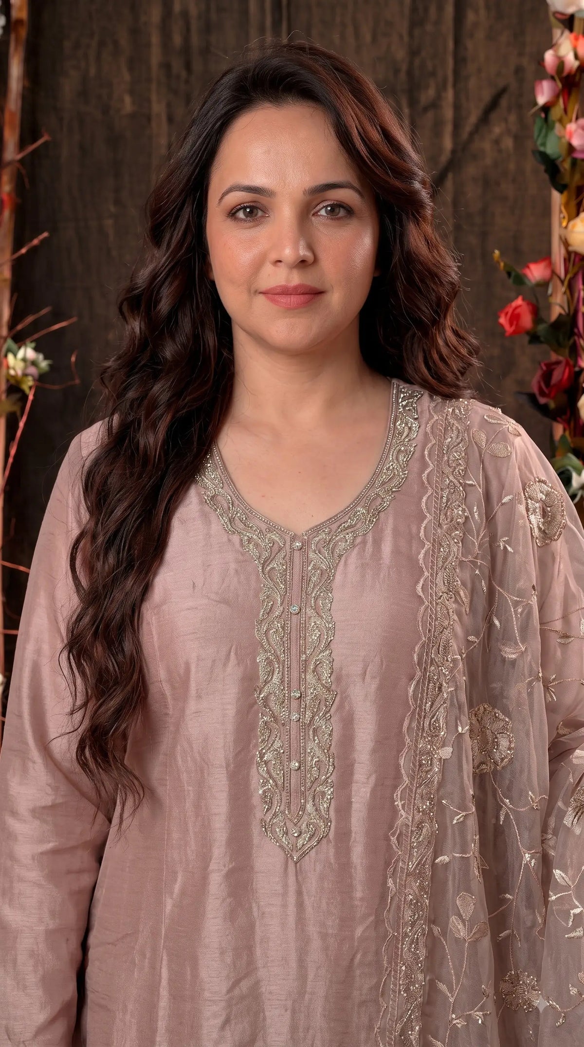 Premium Designer Dusty Pink-Taupe Taneria Suit with Floral Embroidery, Bead & Sequin Work