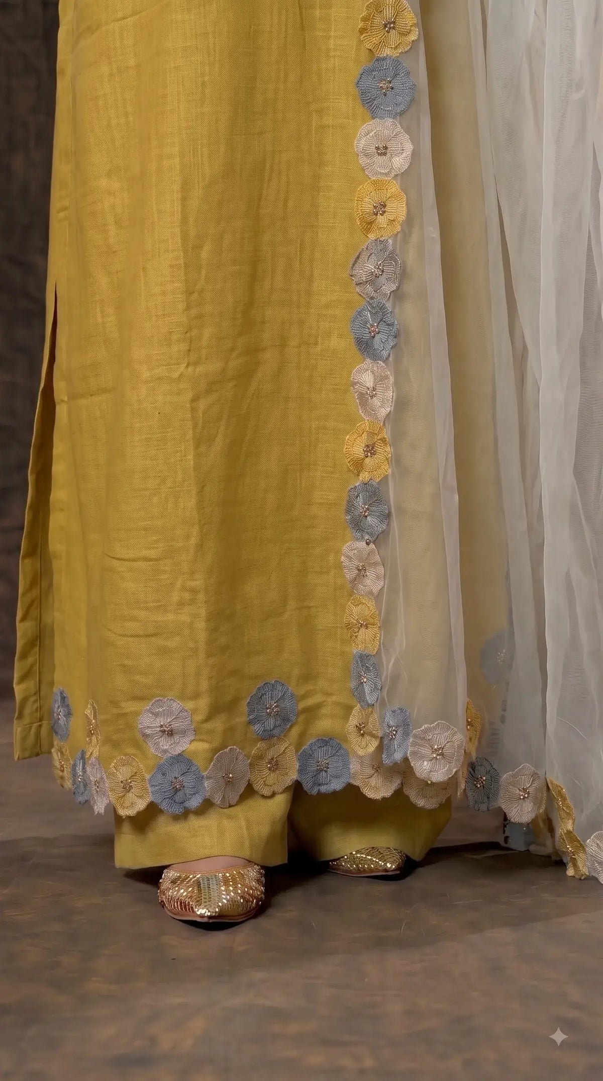 Pakistani Designer Mustard Yellow Pure Handloom Cotton Suit with 3D Floral Handwork, Thread & Pearl Detailing
