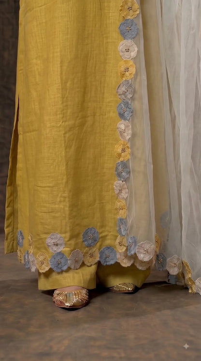 Pakistani Designer Mustard Yellow Pure Handloom Cotton Suit with 3D Floral Handwork, Thread & Pearl Detailing