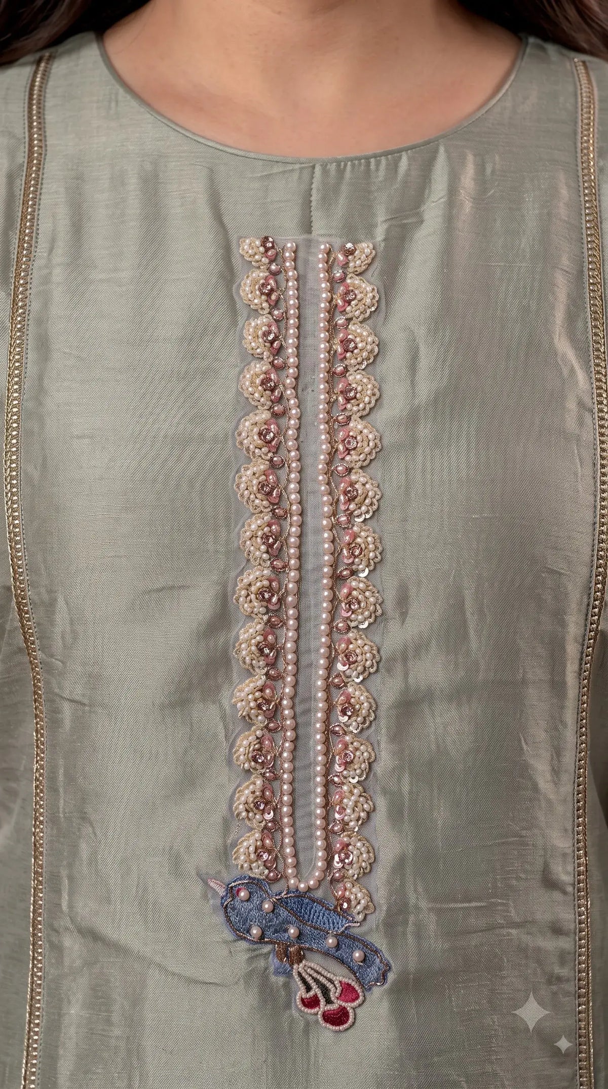 Premium Sage Green Tissue Pakistani Designer Suit with Floral & Bird Embroidery