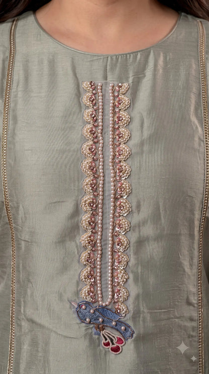 Premium Sage Green Tissue Pakistani Designer Suit with Floral & Bird Embroidery