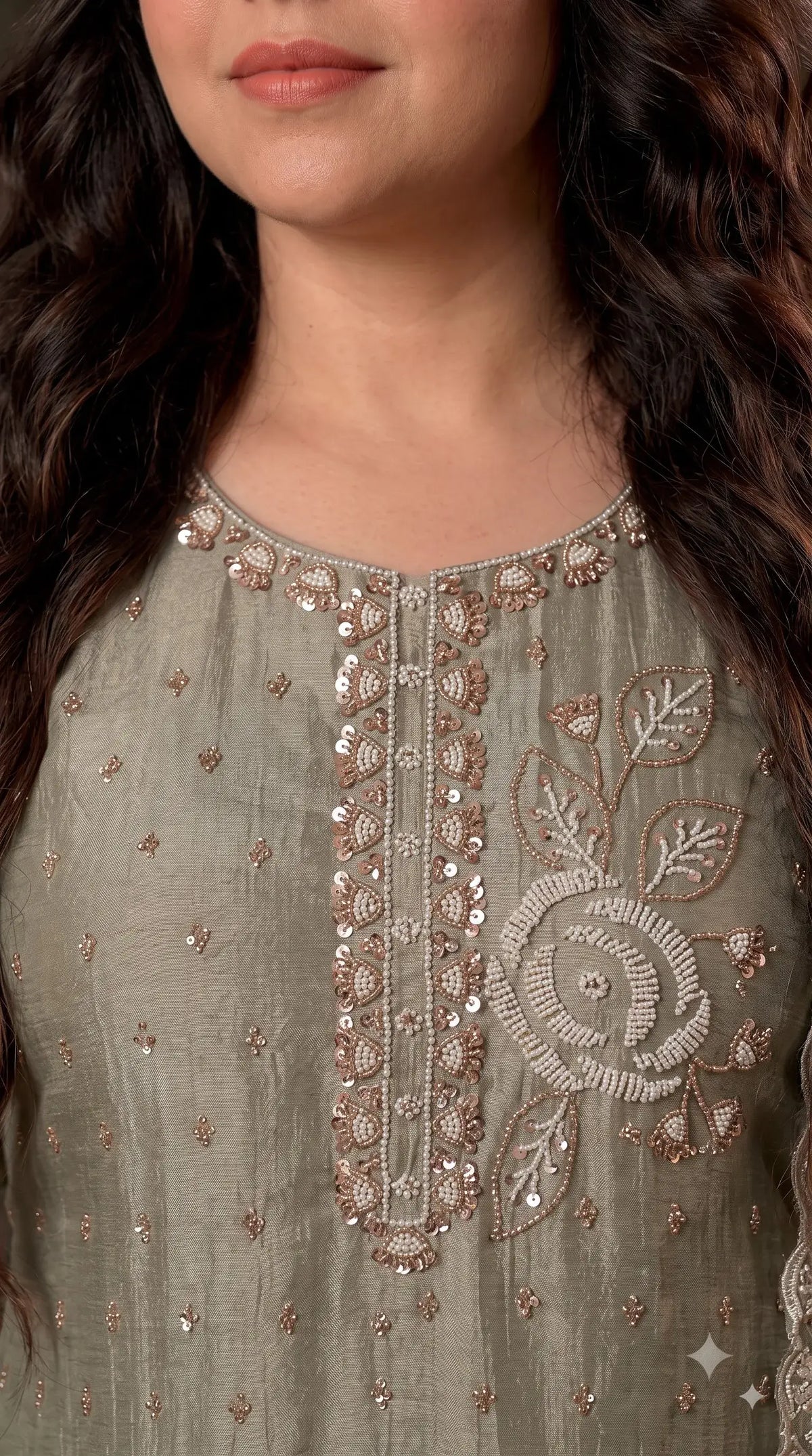 Premium Dusty Sage Green Soft Tissue Designer Suit with Pearl Work