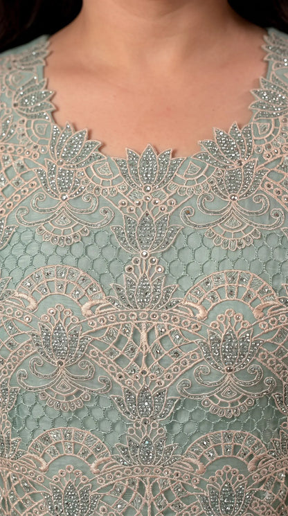 Premium Seafoam Mint Soft Crush Tissue Designer Suit with Intricate Cutwork Embroidery & Sequin Work