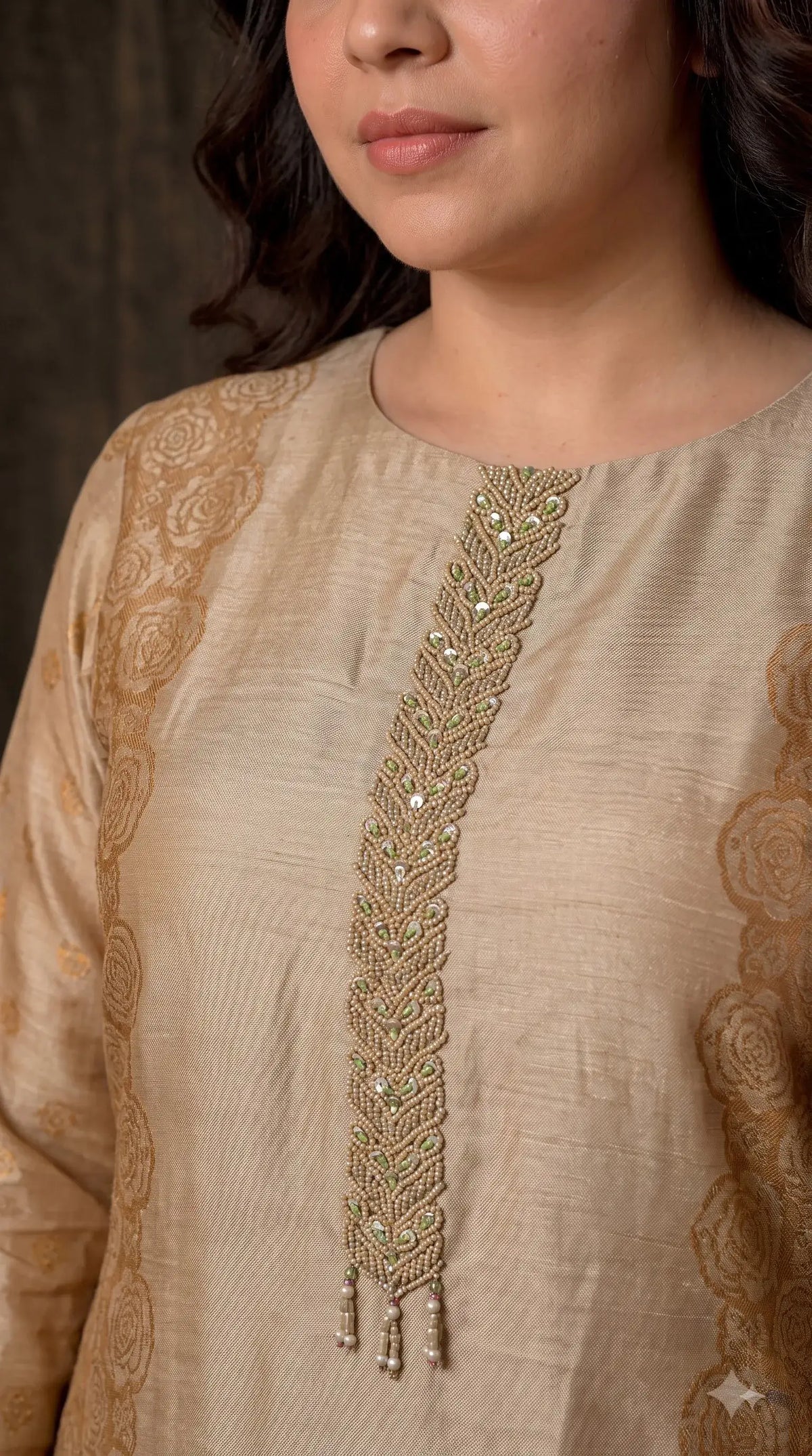 Pakistani Designer Yellow Banarsi Suit with Floral Bead & Sequin Work