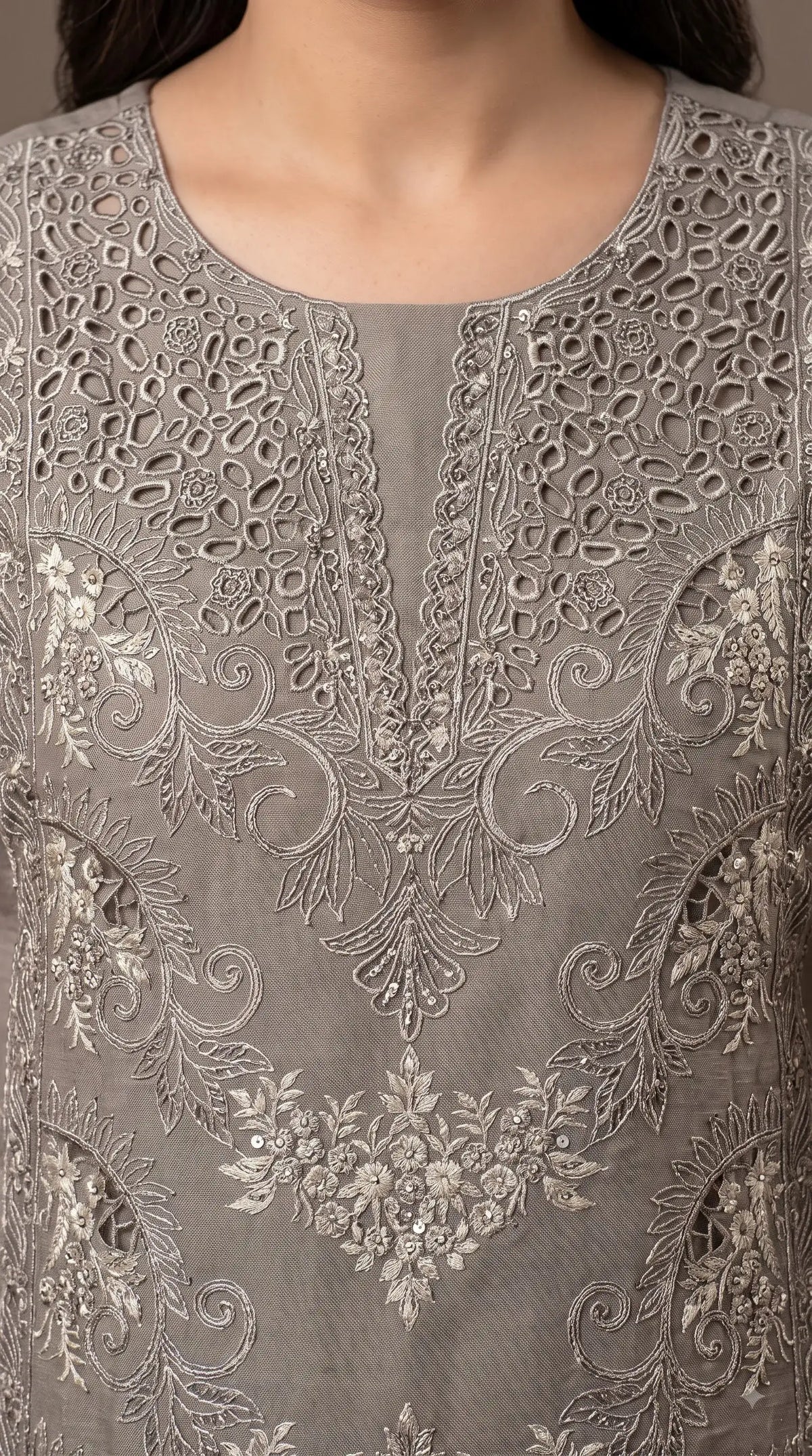 Pakistani Designer Ivory Marble Chiffon Suit with Cutwork Embroidery & Swarovski Work Pakistani Suit