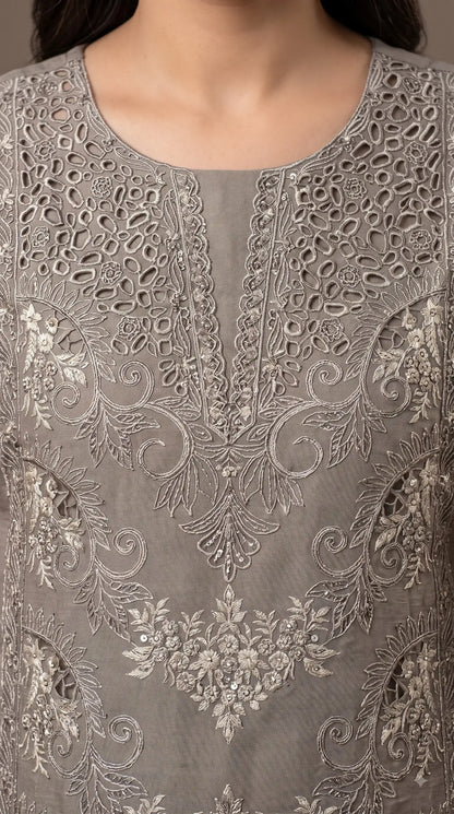 Pakistani Designer Ivory Marble Chiffon Suit with Cutwork Embroidery & Swarovski Work Pakistani Suit