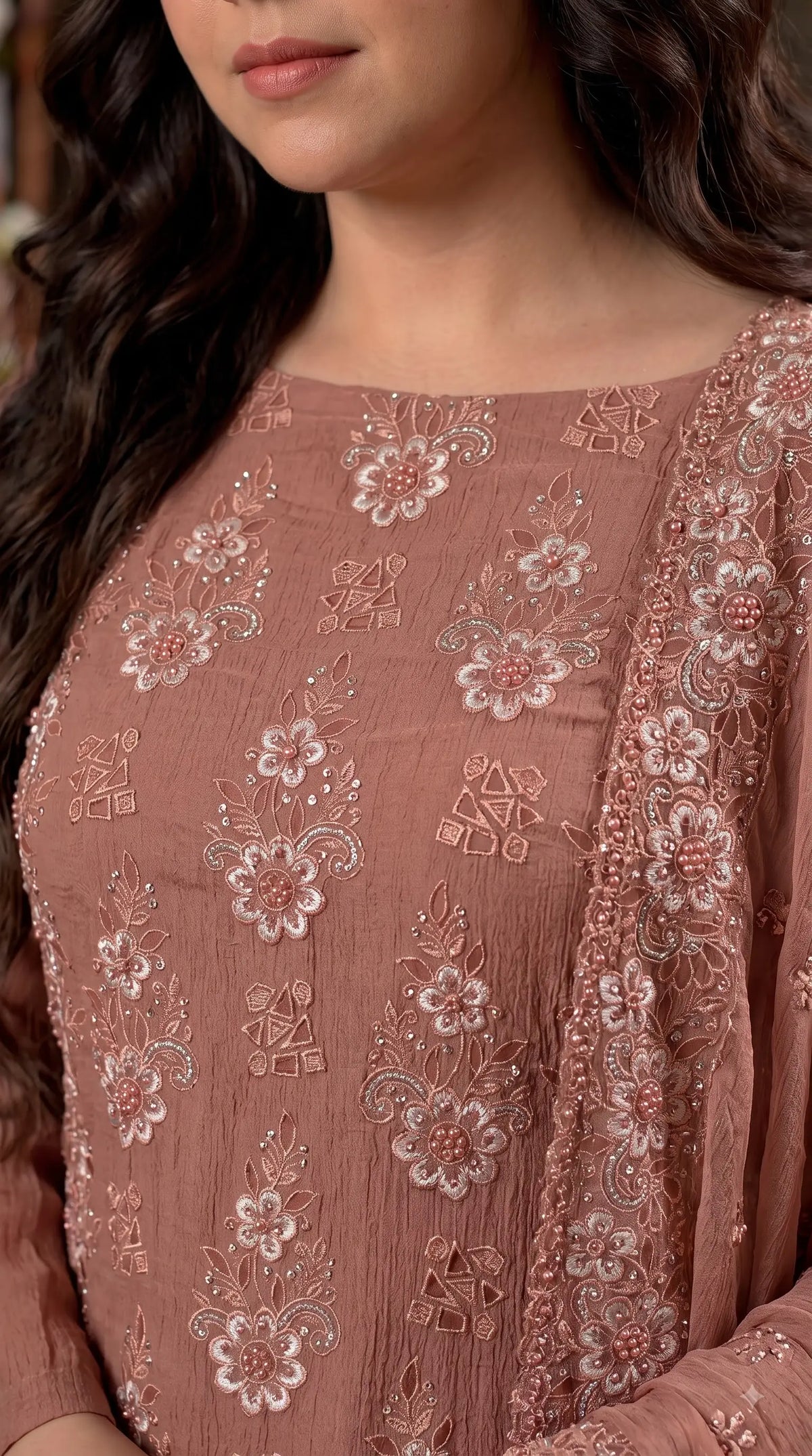 Pakistani Designer Rust Soft Crush Tissue Suit with Floral Embroidery, Pearl & Sequin Work