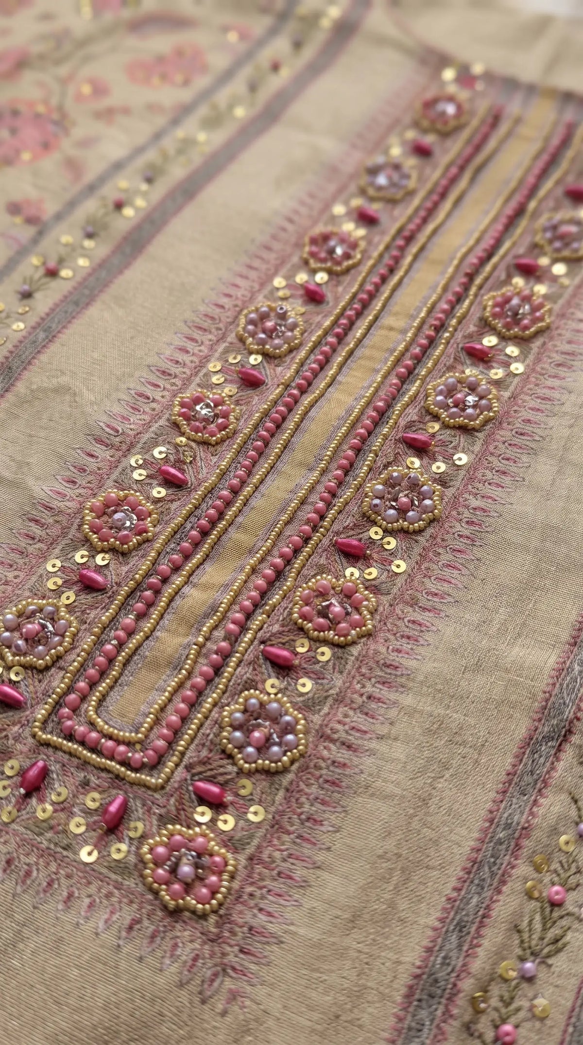 Premium Designer Beige-Gold Very Soft Tissue Suit with Pink Floral Pearl, Bead & Sequin Work