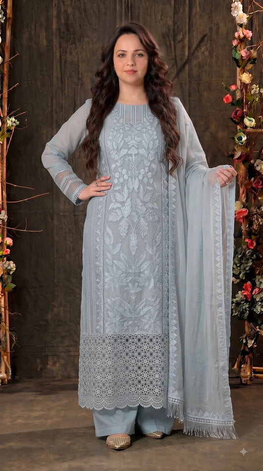 Premium Designer Ice Blue Suit in Soft Organza Fabric