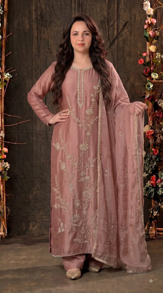 Pakistani Designer Antique Rose Tissue Suit with Floral Handwork, Bead & Sequin Detailing
