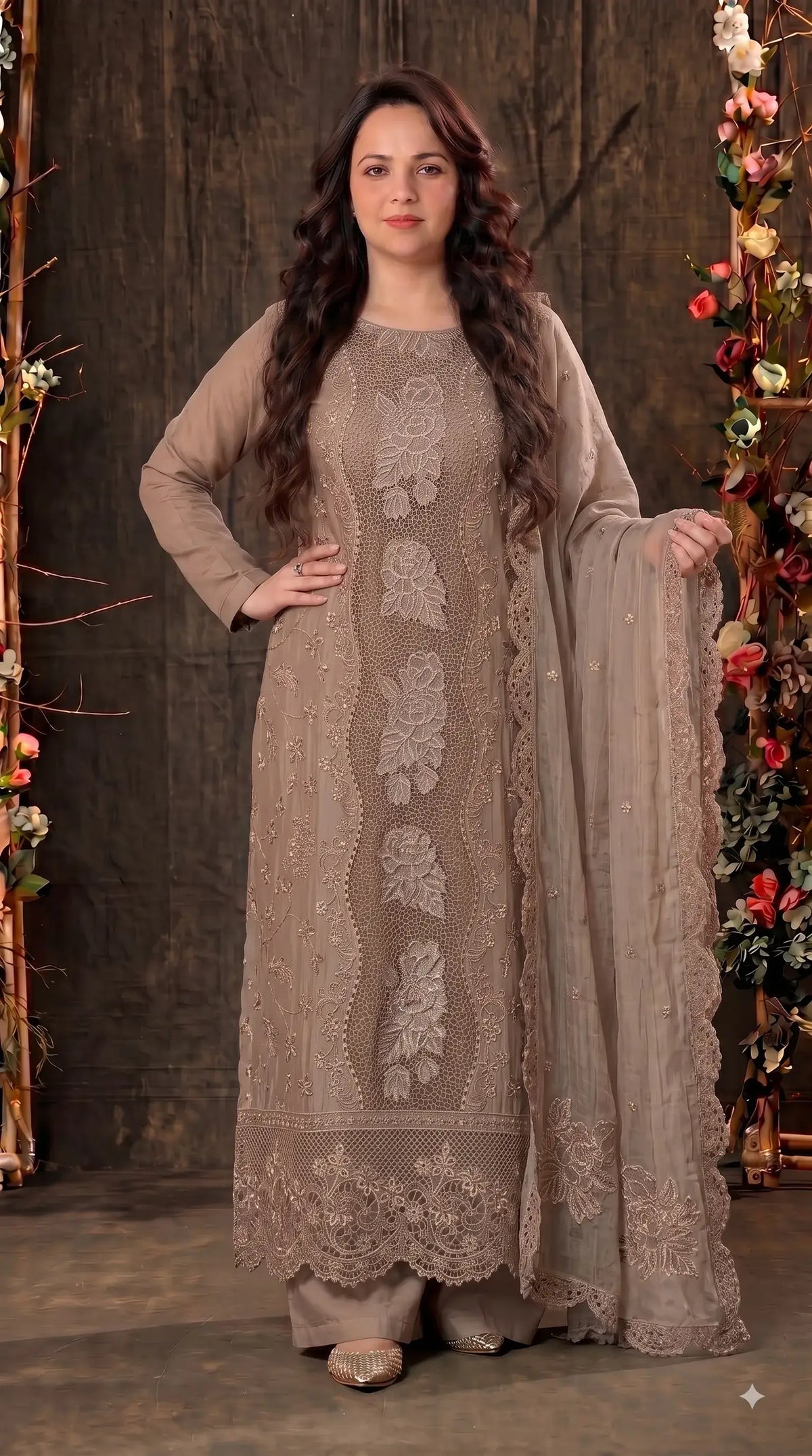 Premium Designer Mocha Gold Crush Suit with Pearl & Cutwork Detailing