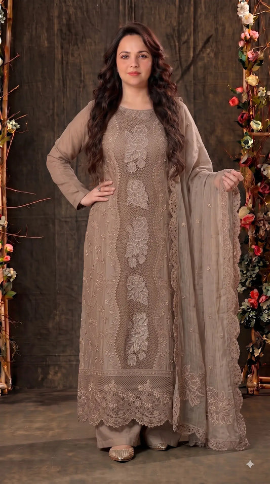 Premium Designer Mocha Gold Crush Suit with Pearl & Cutwork Detailing