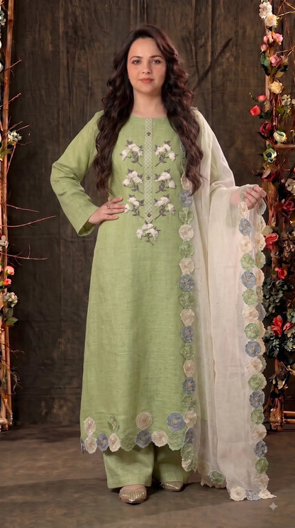 Premium Designer Pastel Green Soft Cotton Pakistani Suit with Pearl & 3D Floral Work