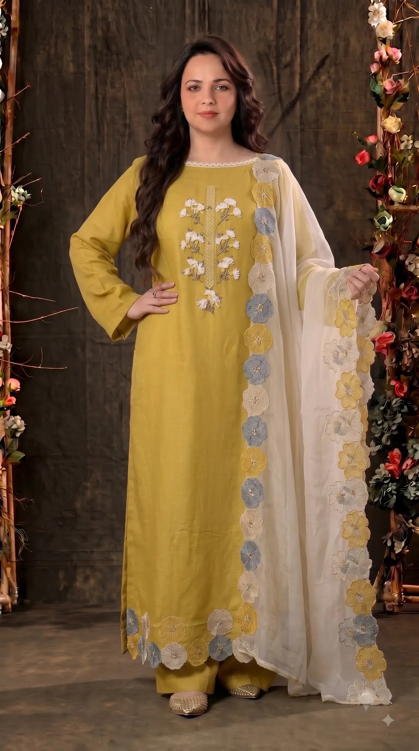 Premium Designer Mustard Yellow Soft Cotton Suit with Floral Bead & Sequin Work