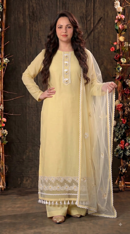 Premium Designer Soft Yellow Super Soft Cotton Suit with Elegant Floral Detailing