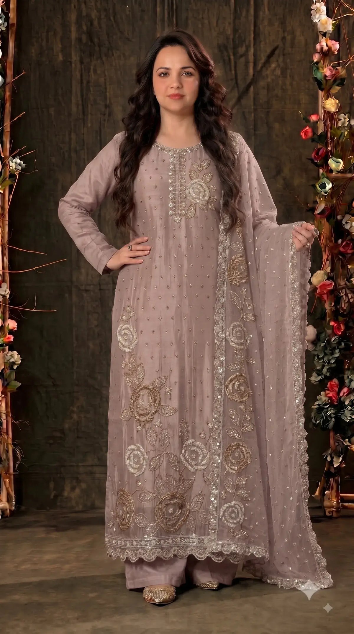 Premium Dusty Mauve Taupe Soft Tissue Designer Suit with Pearl Work