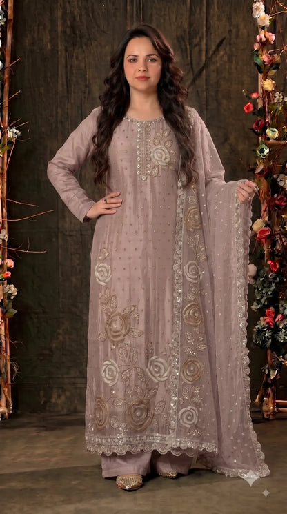 Premium Dusty Mauve Taupe Soft Tissue Designer Suit with Pearl Work