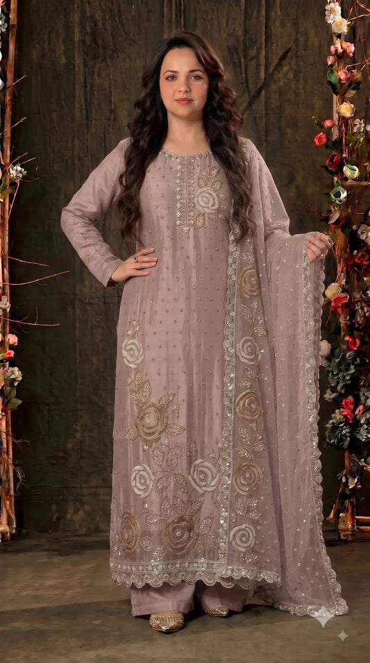 Premium Dusty Mauve Taupe Soft Tissue Designer Suit with Pearl Work