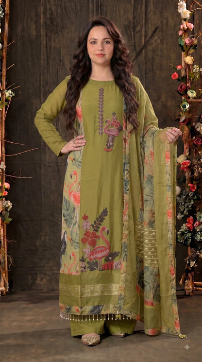 Premium Designer Olive Green Designer Suit in Soft Shimmer Premium Fabric with High-Class Hand Work