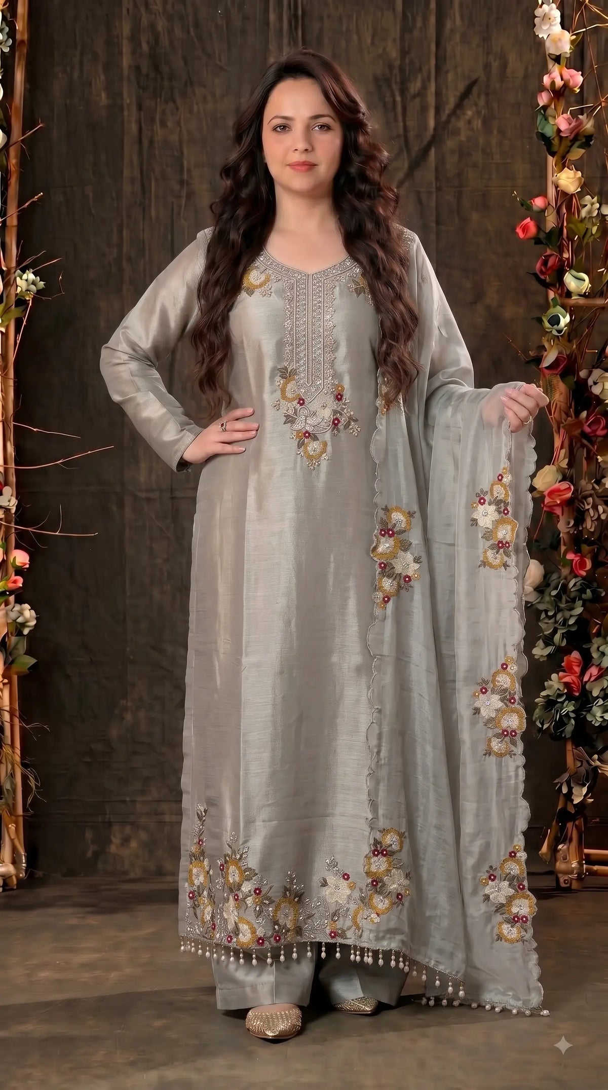 Premium Designer Silver Grey Giraffe Fabric Suit with Pearl, Sequin & Floral Embroidery Work