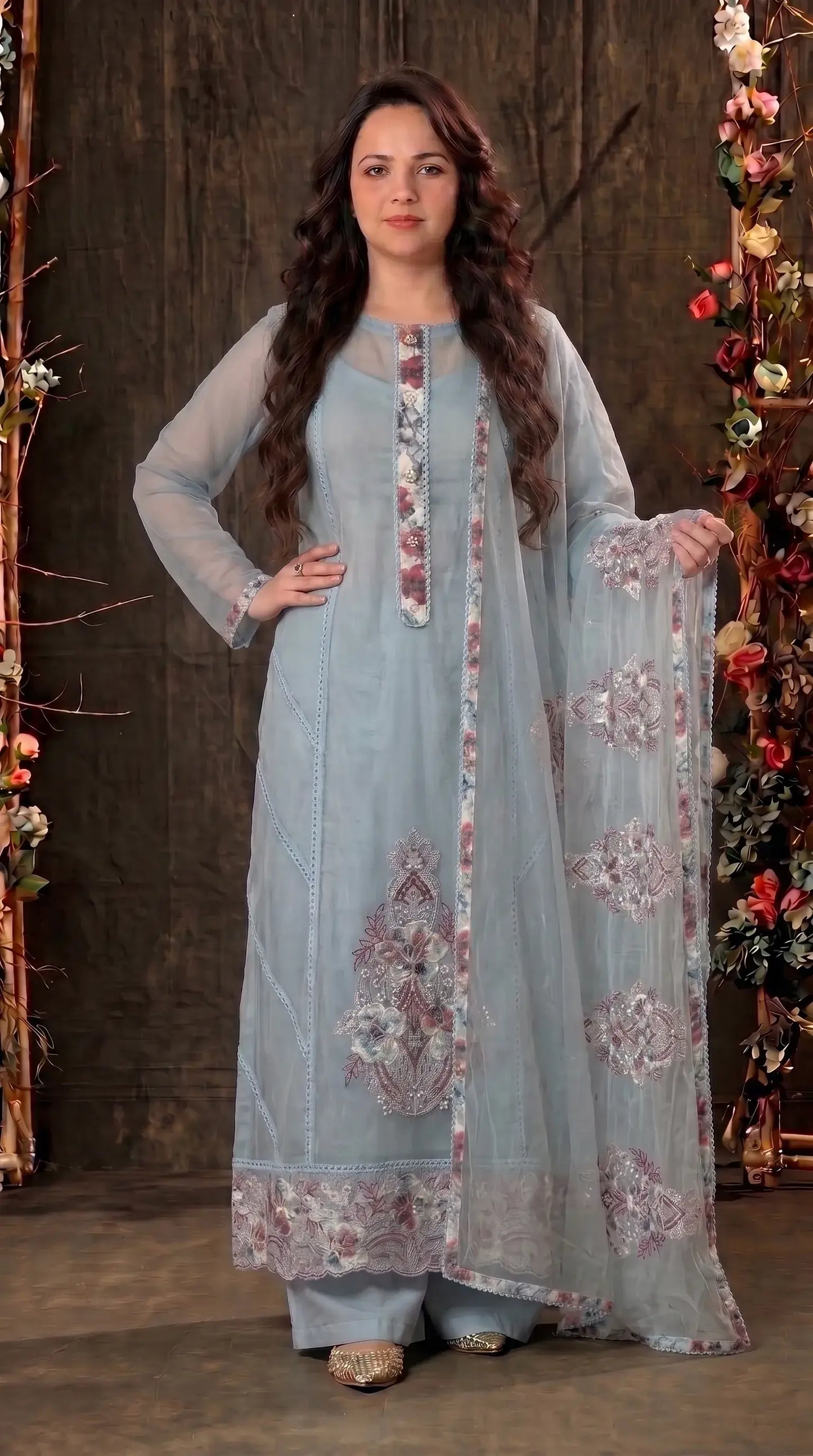 Floral Embroidered sky blue Suit with Pearl Handwork
