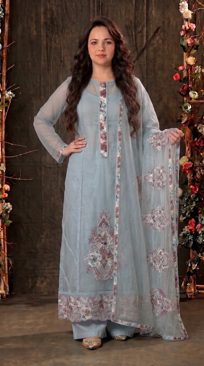 Floral Embroidered sky blue Suit with Pearl Handwork