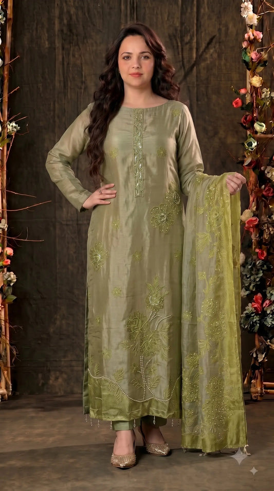 Premium Designer Olive Green Tulfi Fabric Suit with Pearl Work & Embroidery