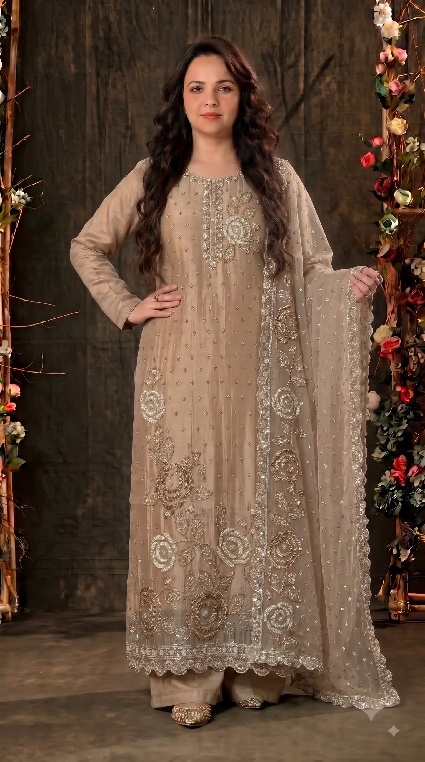 Premium Beige Soft Tissue Designer Suit with Pearl Work