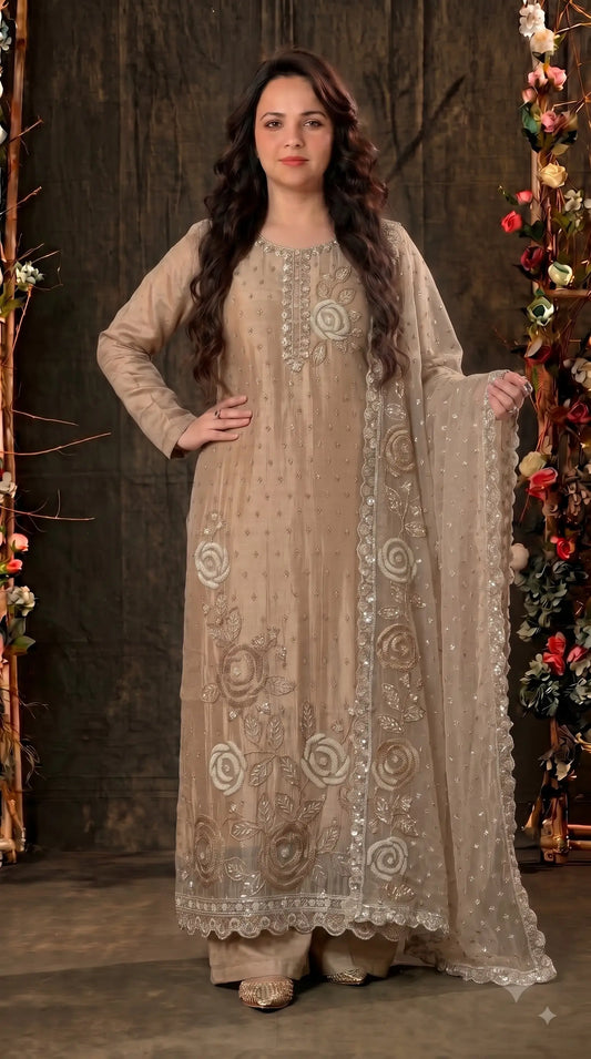Premium Beige Soft Tissue Designer Suit with Pearl Work