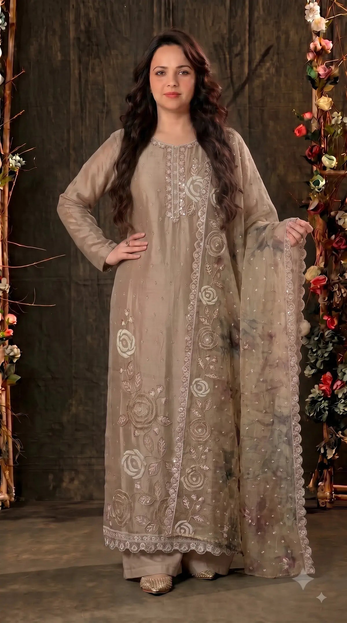 Premium Designer Beige Soft Tissue Suit with Pearl, Bead & Sequin Floral Work