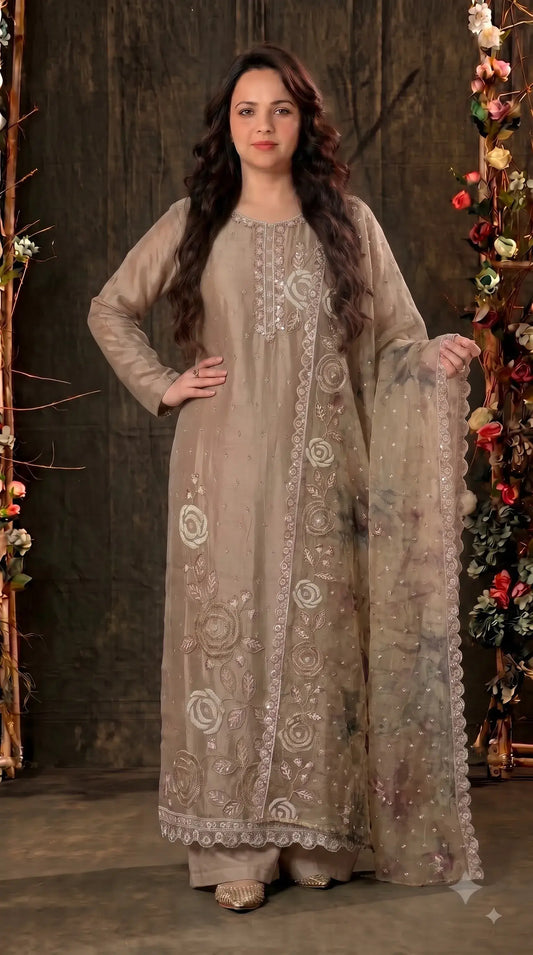 Premium Designer Beige Soft Tissue Suit with Pearl, Bead & Sequin Floral Work