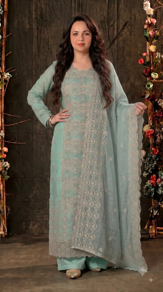 Premium Seafoam Mint Soft Crush Tissue Designer Suit with Intricate Cutwork Embroidery & Sequin Work