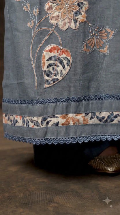 Premium Slate Blue Soft Cotton Suit with Floral Appliqué, Thread & Pearl Work