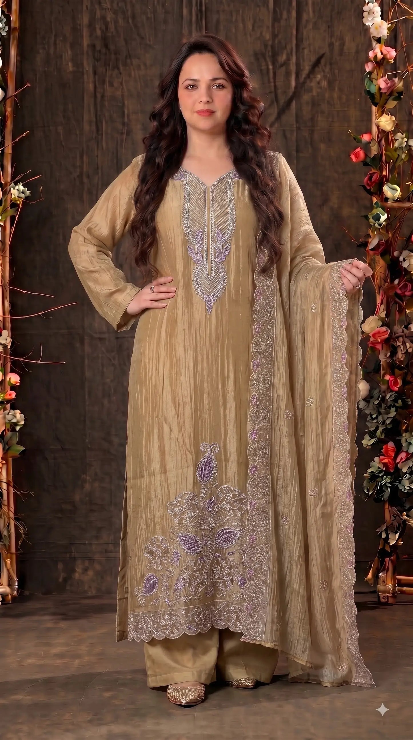 Premium Designer Champagne Gold Suit with Pearl, Cutdana & Zari Work