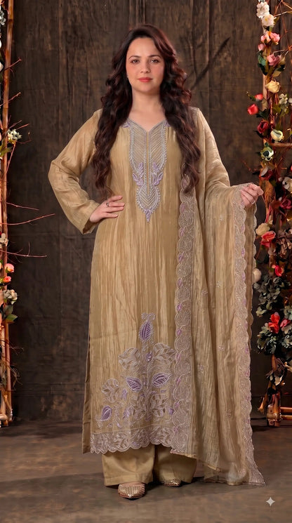 Premium Designer Champagne Gold Suit with Pearl, Cutdana & Zari Work