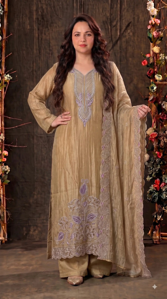 Premium Designer Champagne Gold Suit with Pearl, Cutdana & Zari Work