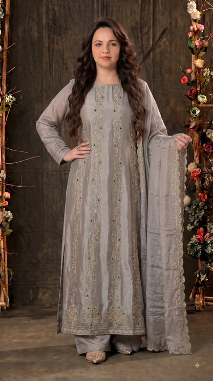 Premium Designer Misty Mauve Soft Tissue Suit with Elegant Stone Work