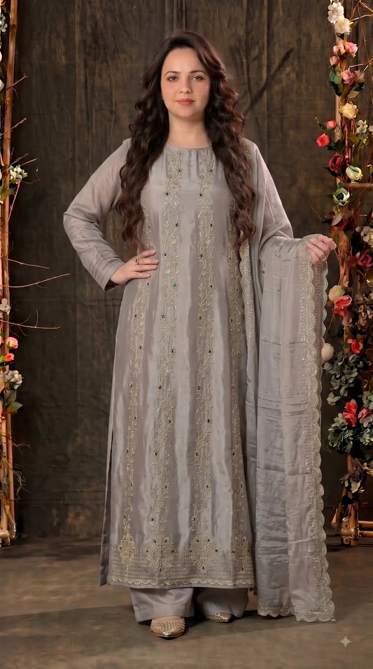 Premium Designer Misty Mauve Soft Tissue Suit with Elegant Stone Work