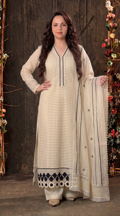 Premium Light Yellow Pakistani Zut Mull Cotton Suit with Elegant Black Embroidery
