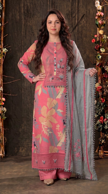 Pink Designer Ethnic Suit with Floral Print & Lace Work