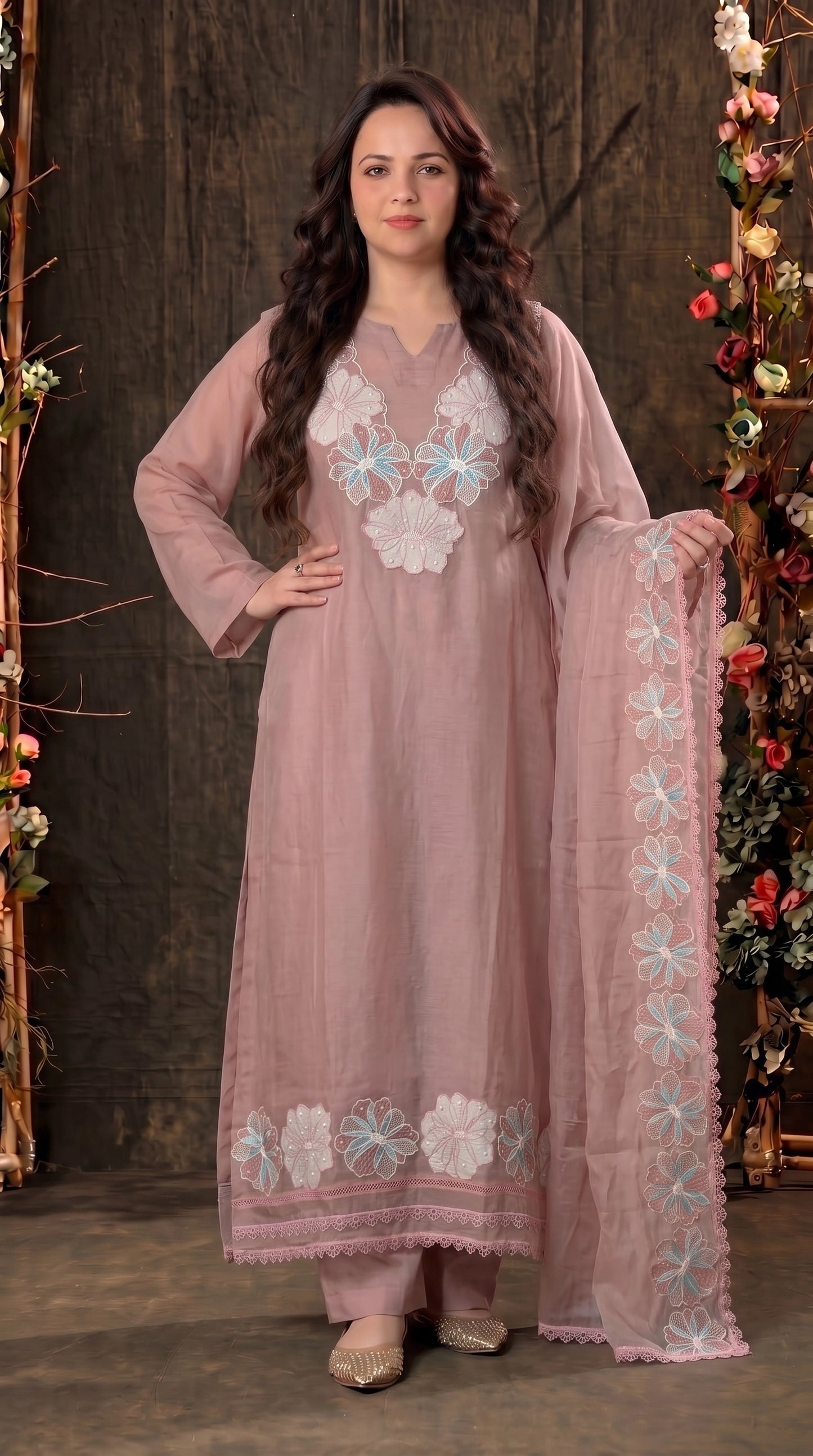 Pink Premium Linen Cotton Pakistani Suit with Pearl Floral Embroidery & Lace Work