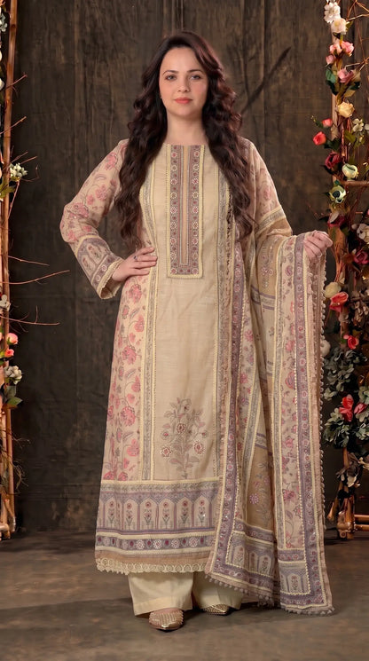 Beige Khaddi Designer Suit with Pearl Detailing