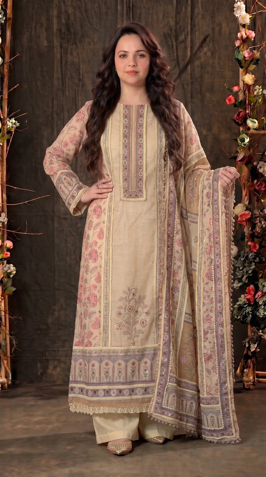 Beige Khaddi Designer Suit with Pearl Detailing