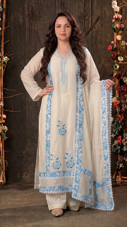 Ivory Blue Floral Designer Suit with Boutique Finish
