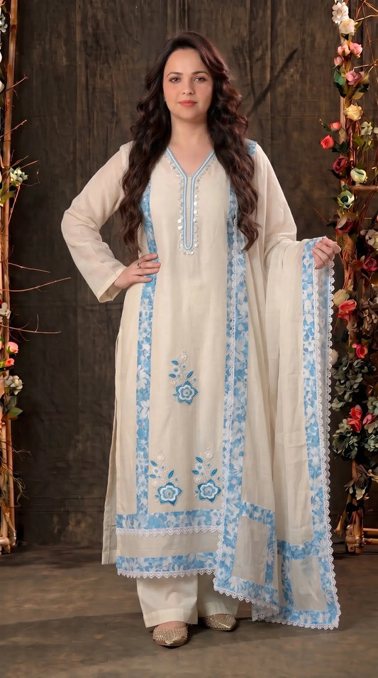Ivory Blue Floral Designer Suit with Boutique Finish
